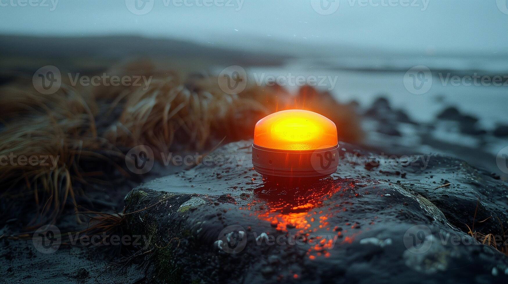Glowing orange light on a wet rock surrounded by grass and water in a moody atmosphere photo