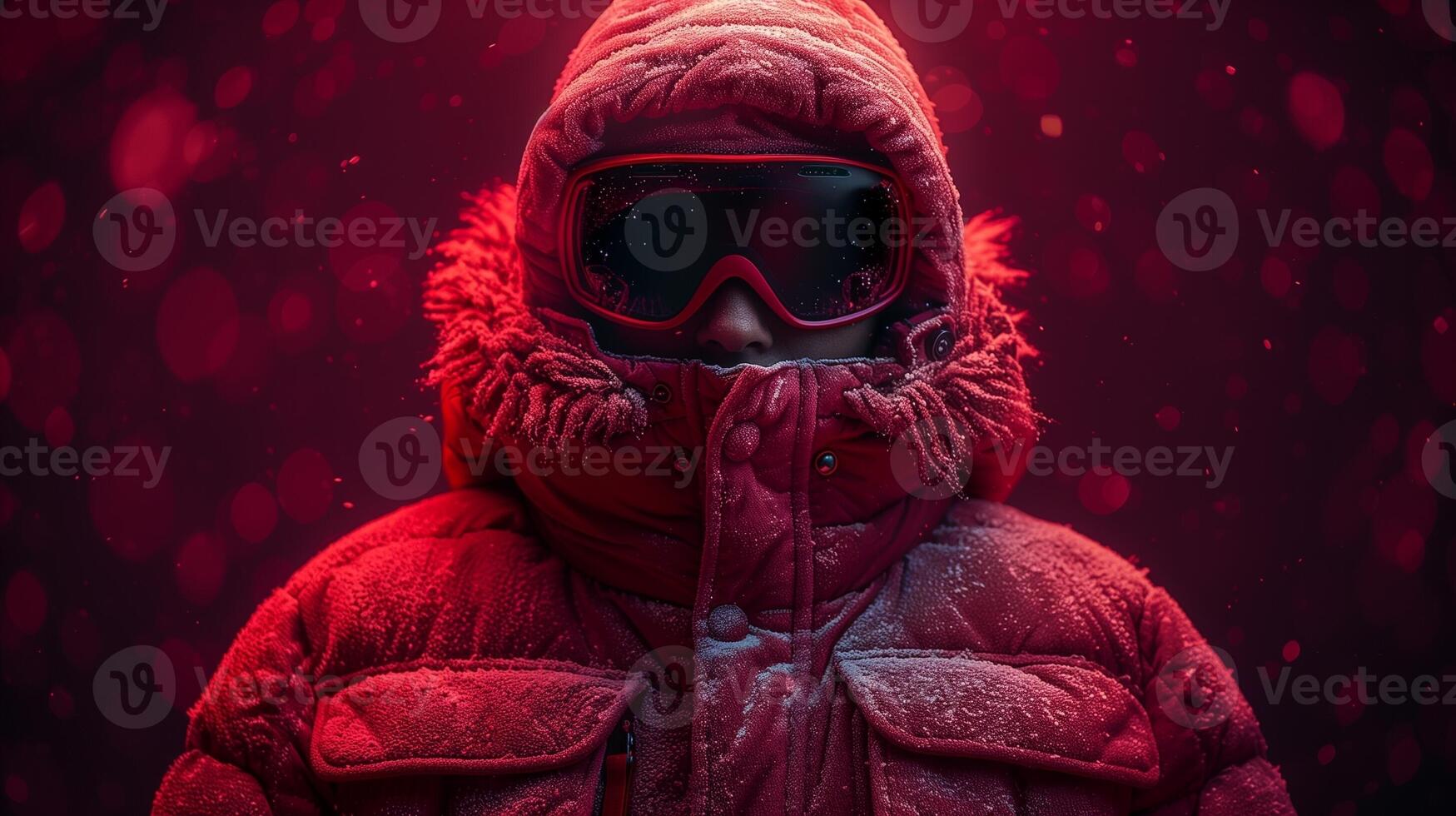 Person in a red winter coat and goggles standing in a snowy environment with a red hue photo