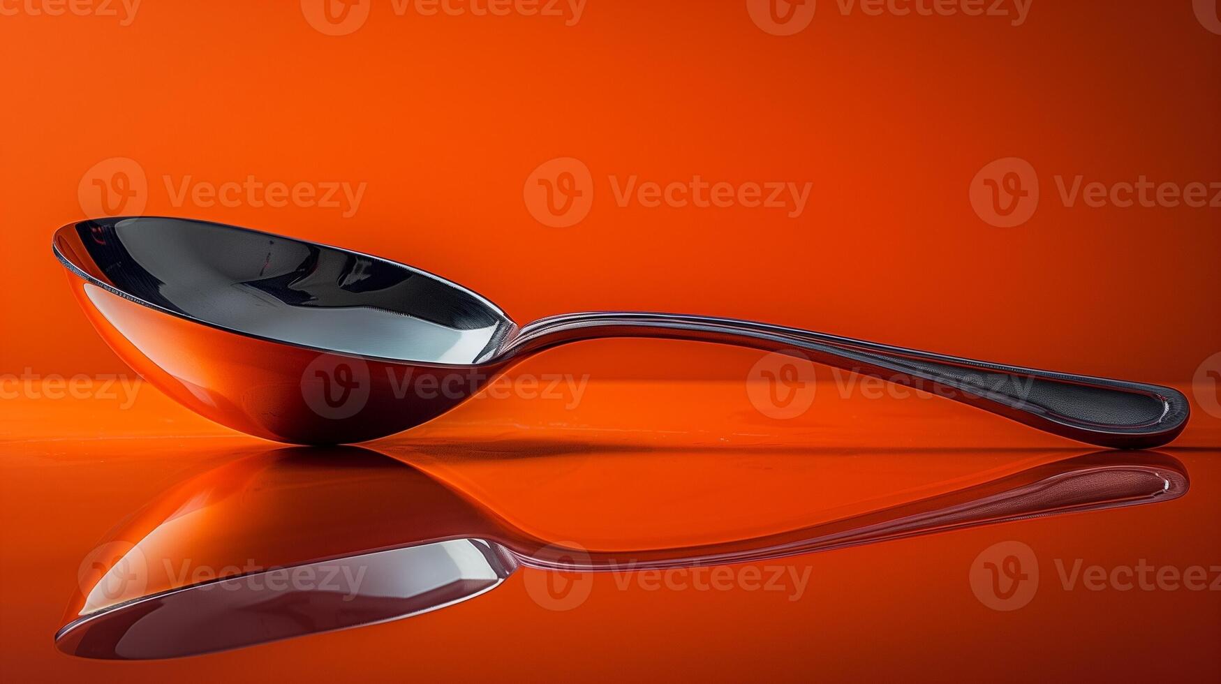 Stainless steel spoon resting on a reflective orange surface creating an artistic mirror effect photo