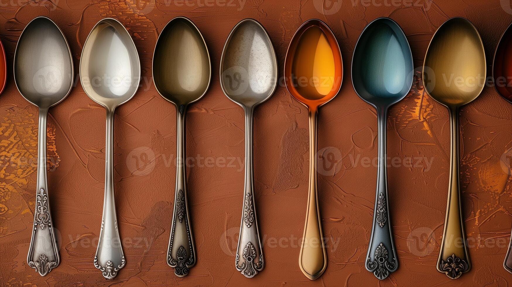 A row of vintage spoons with intricate designs and varying colors displayed on a textured brown background photo