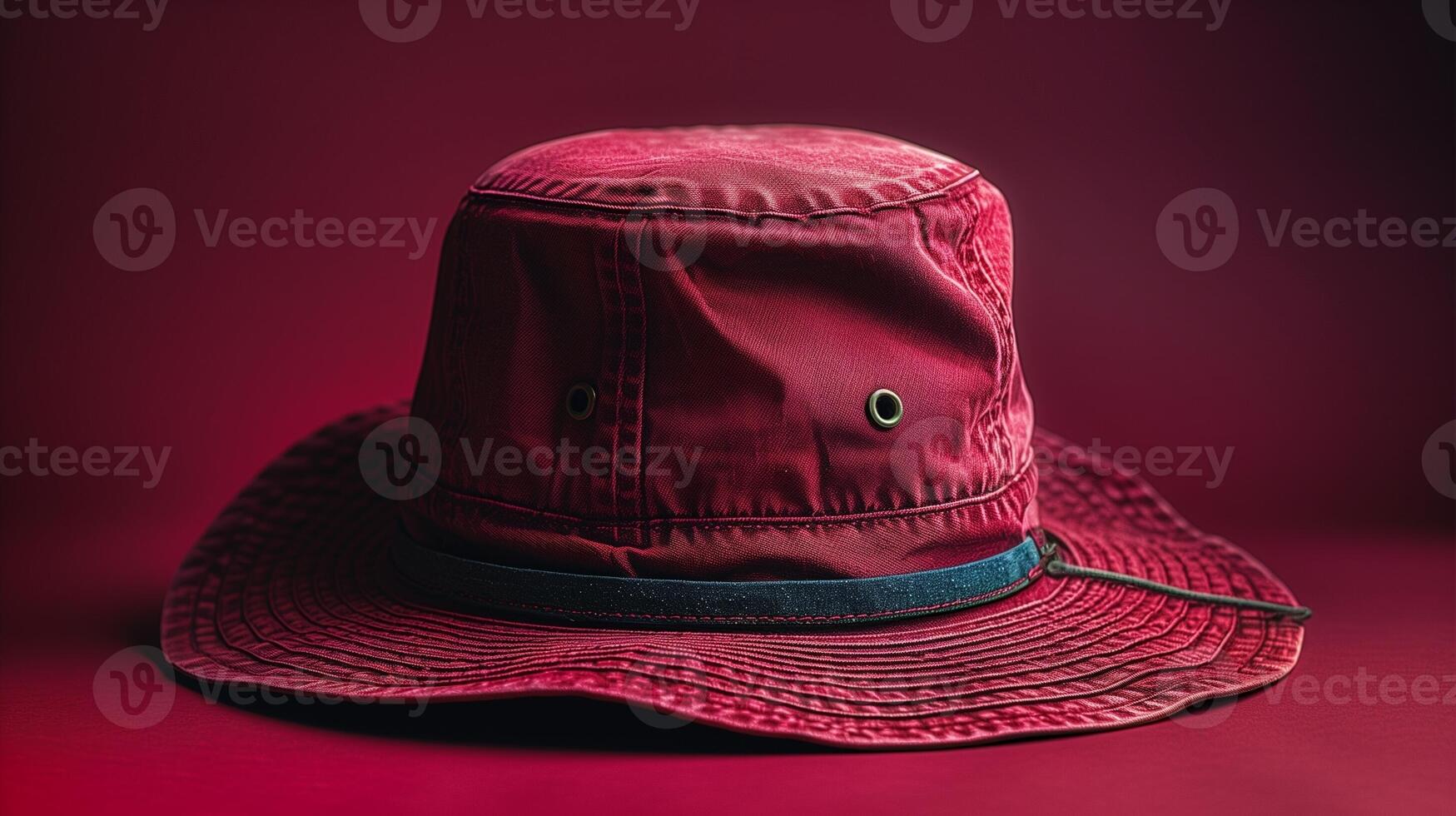 A stylish red bucket hat with a blue strap and eyelets on a matching red background photo