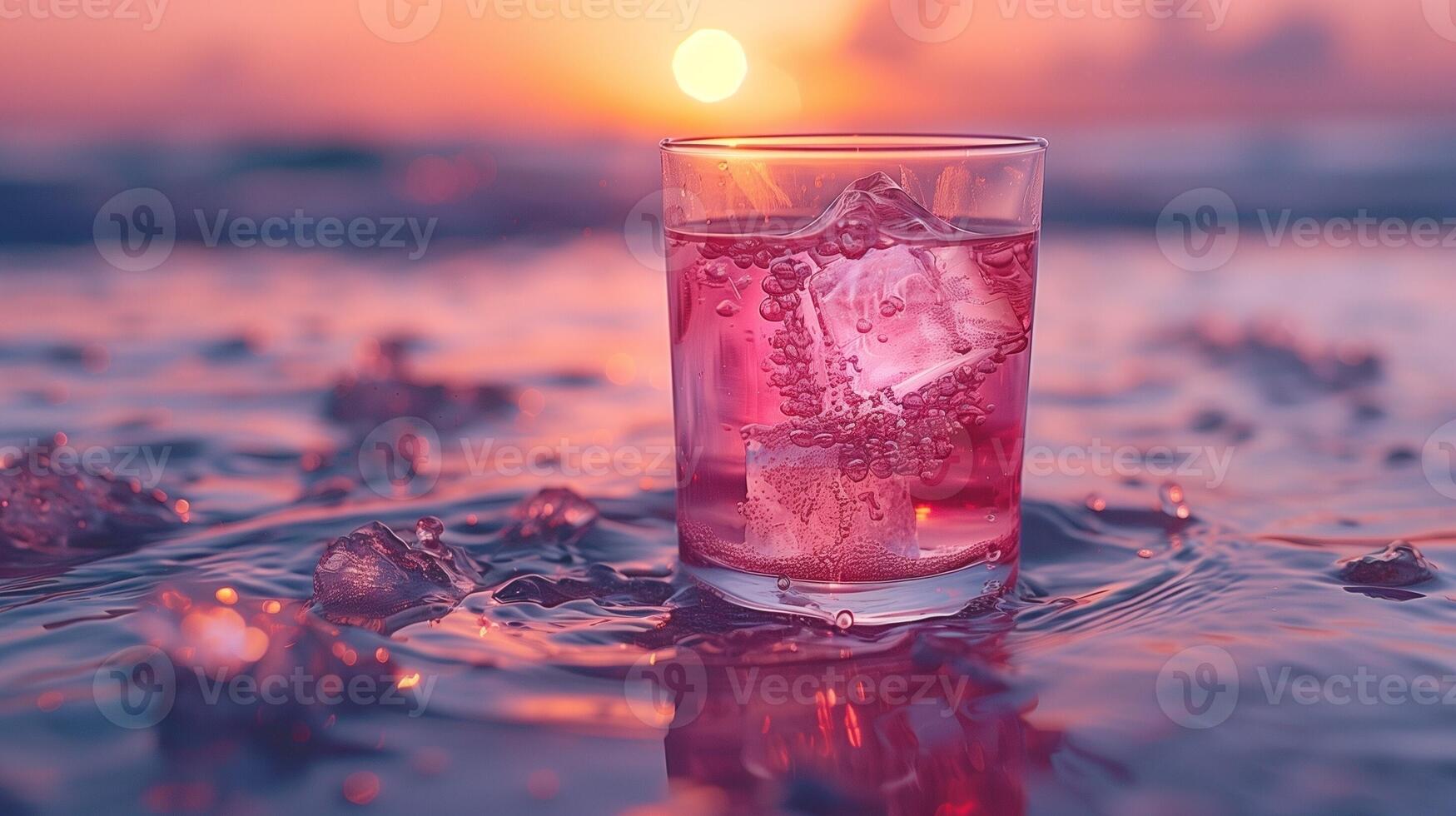 A glass of water with ice cubes floating in the ocean during a stunning sunset photo