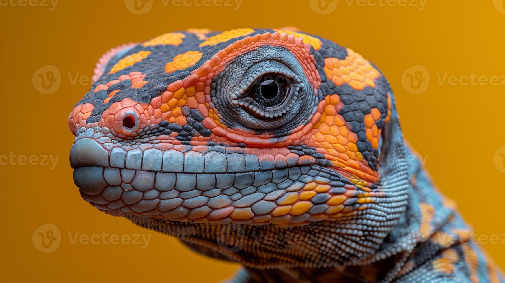 A close up of a lizard with vibrant orange and blue scales against a warm yellow background photo