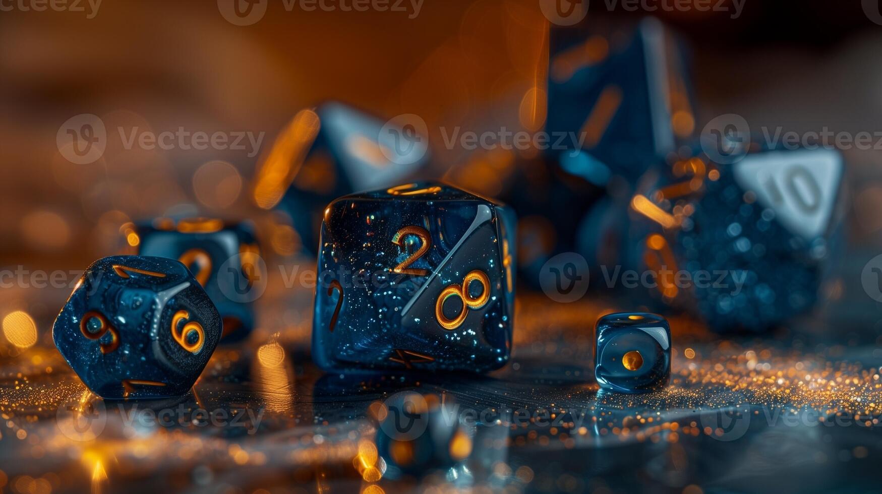 Shimmering blue and gold dice scattered on a glittery surface with bokeh lights in the background photo