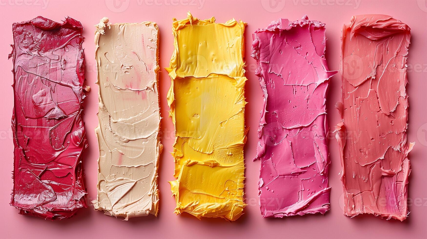 A row of vibrant paint swatches in various shades of pink, yellow, and white on a soft pink background photo