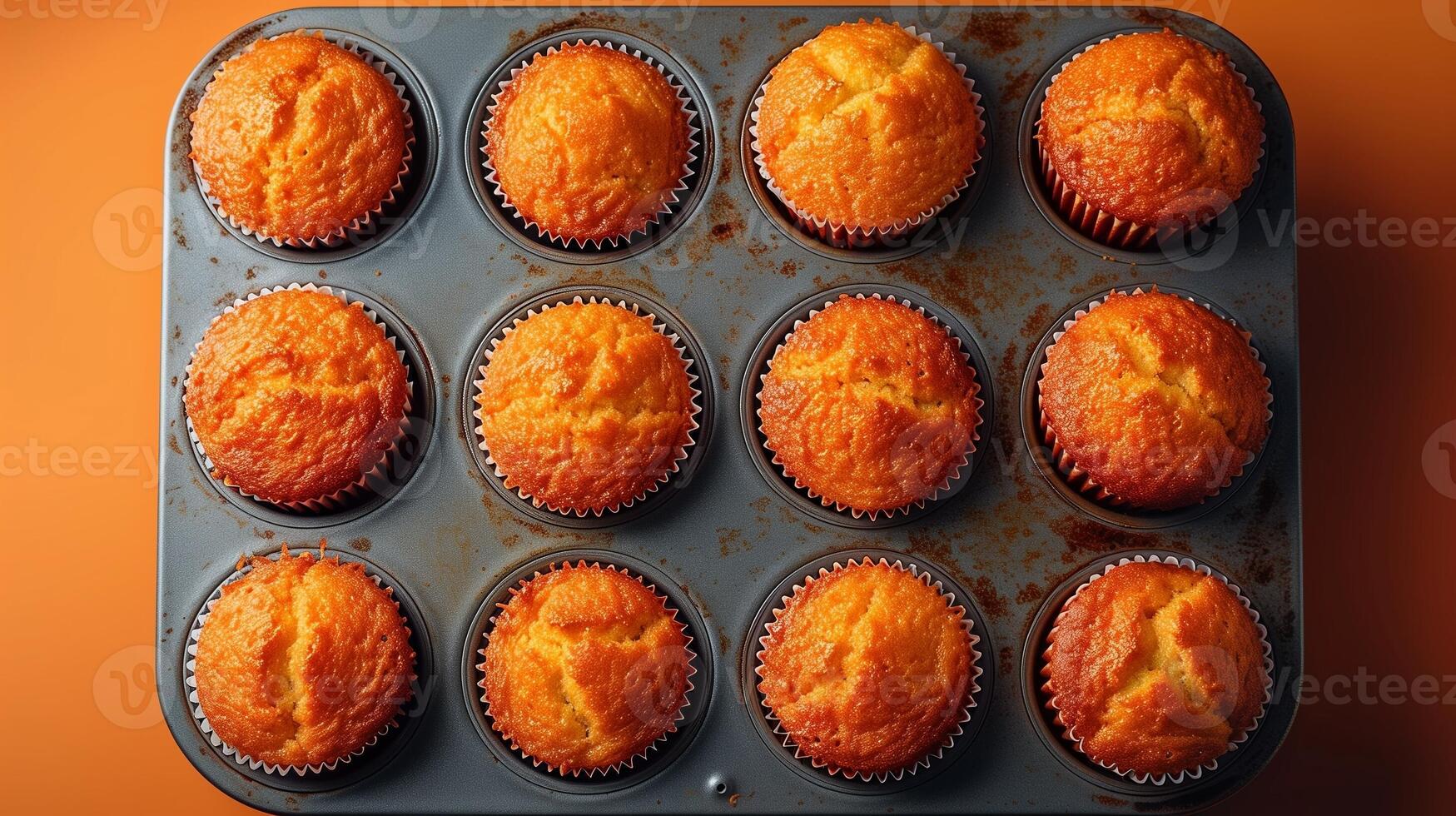 Perfectly baked muffins in a tray with a warm orange background enhancing their golden hue photo