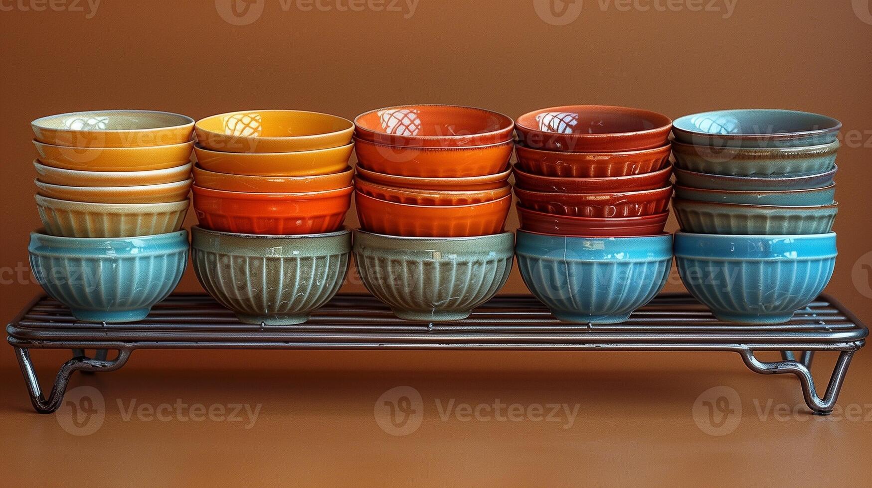 Vibrant ceramic bowls in warm hues neatly stacked on a metal rack against a neutral backdrop photo