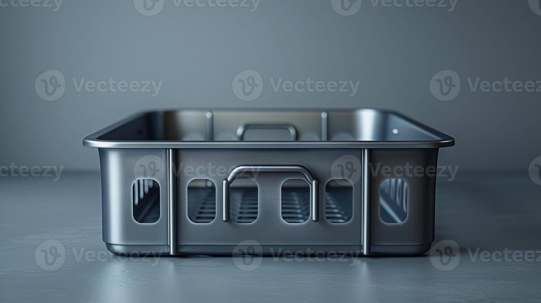 Sleek metallic container with a grid design and handles set on a smooth surface photo