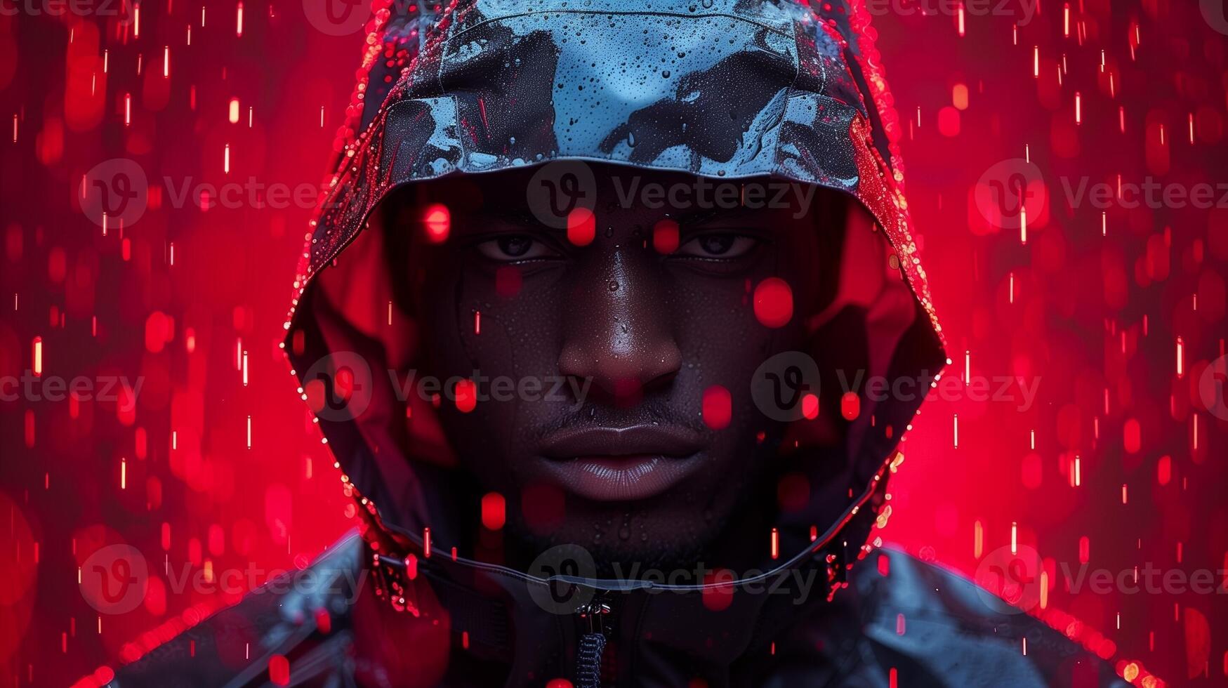 Intense Portrait of a Man in a Rainy Night with Red Light Reflections and a Hooded Jacket photo