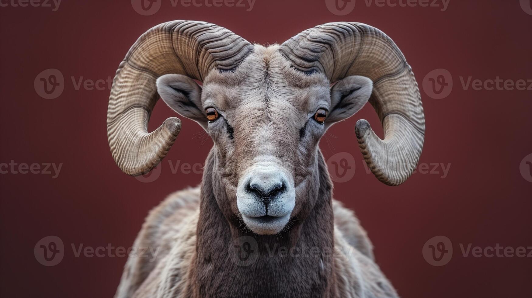 A close-up of a bighorn sheep with large curved horns and a detailed face against a deep red background photo