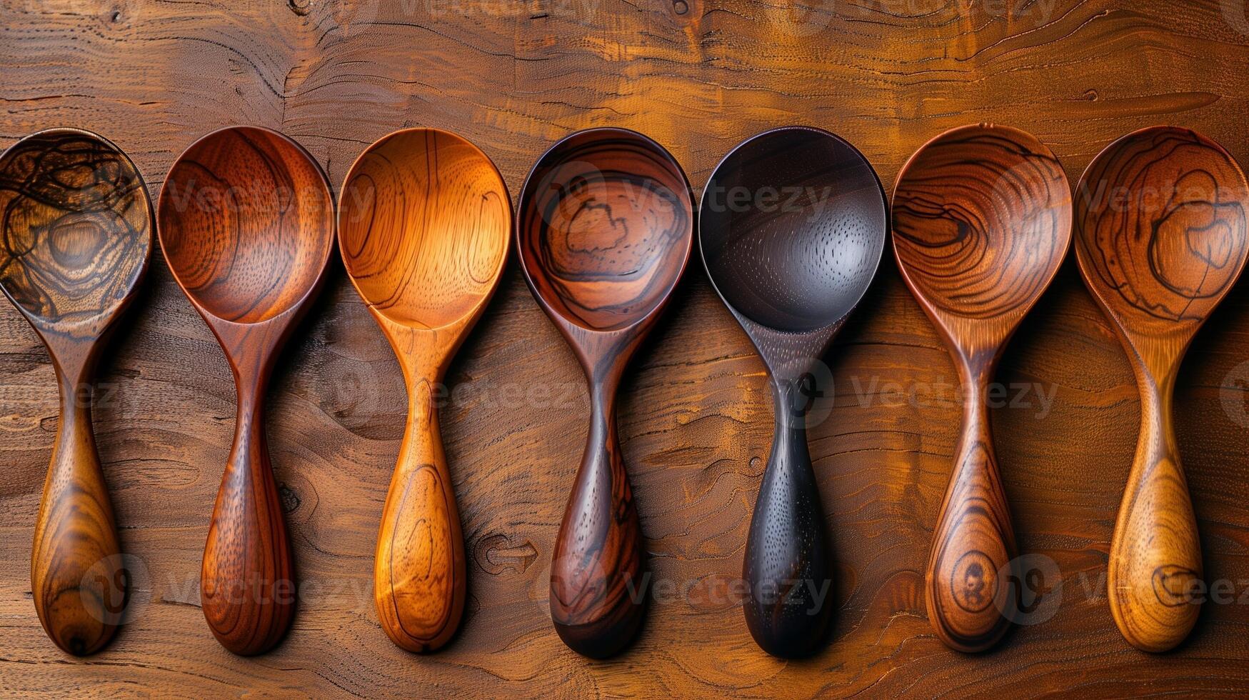 A row of intricately carved wooden spoons showcasing unique grain patterns and natural beauty photo