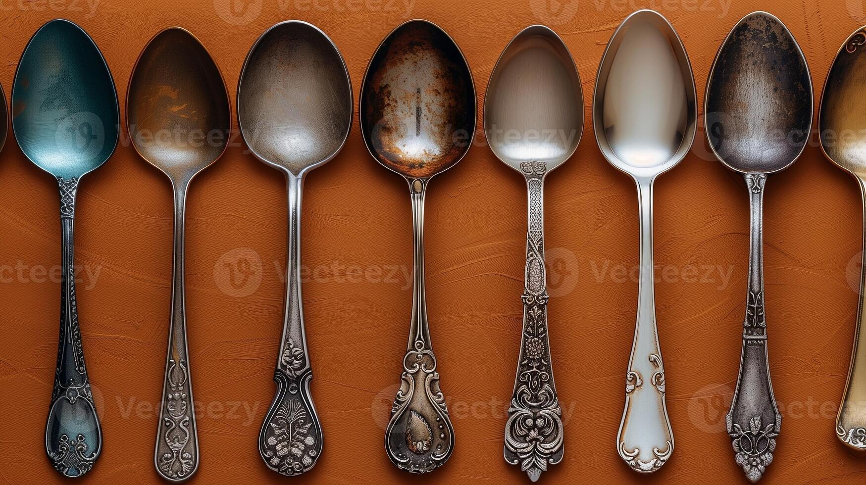 A collection of ornate silver spoons with intricate designs laid out on a warm brown background photo