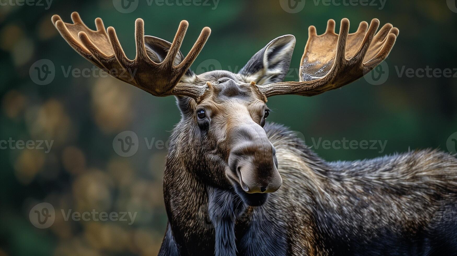 Closeup of a Majestic Moose with Large Antlers and Detailed Fur in a Forest Setting photo