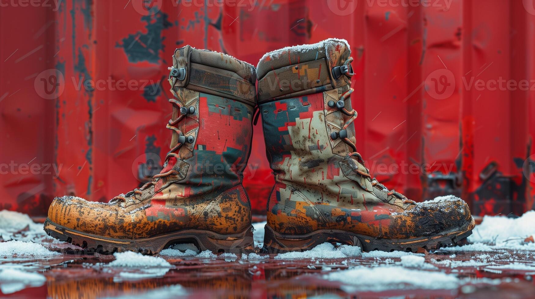 Weathered combat boots standing in the snow against a vibrant red background photo