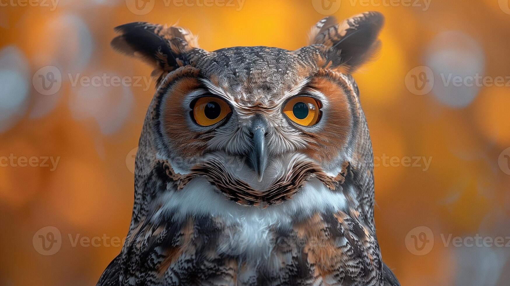 A close-up of an owl with striking yellow eyes and intricate feather patterns against a warm orange background photo