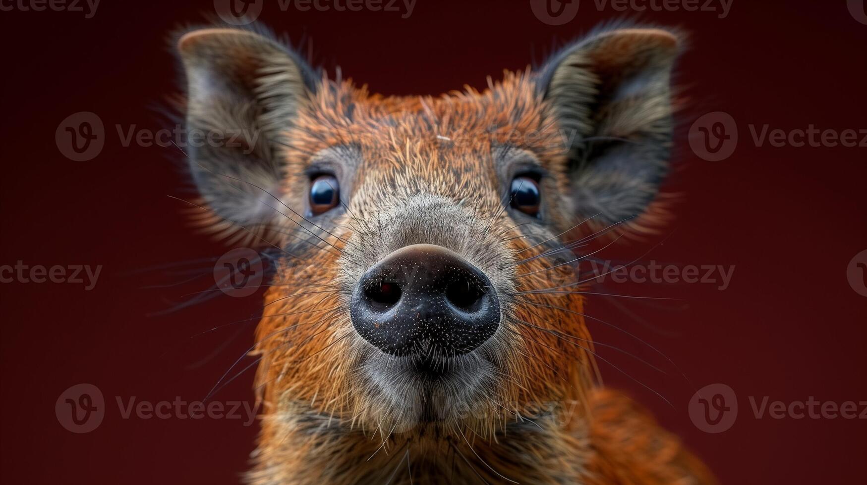 Close-Up of a Reddish-Brown Animal with Prominent Whiskers and Expressive Eyes Against a Dark Background photo