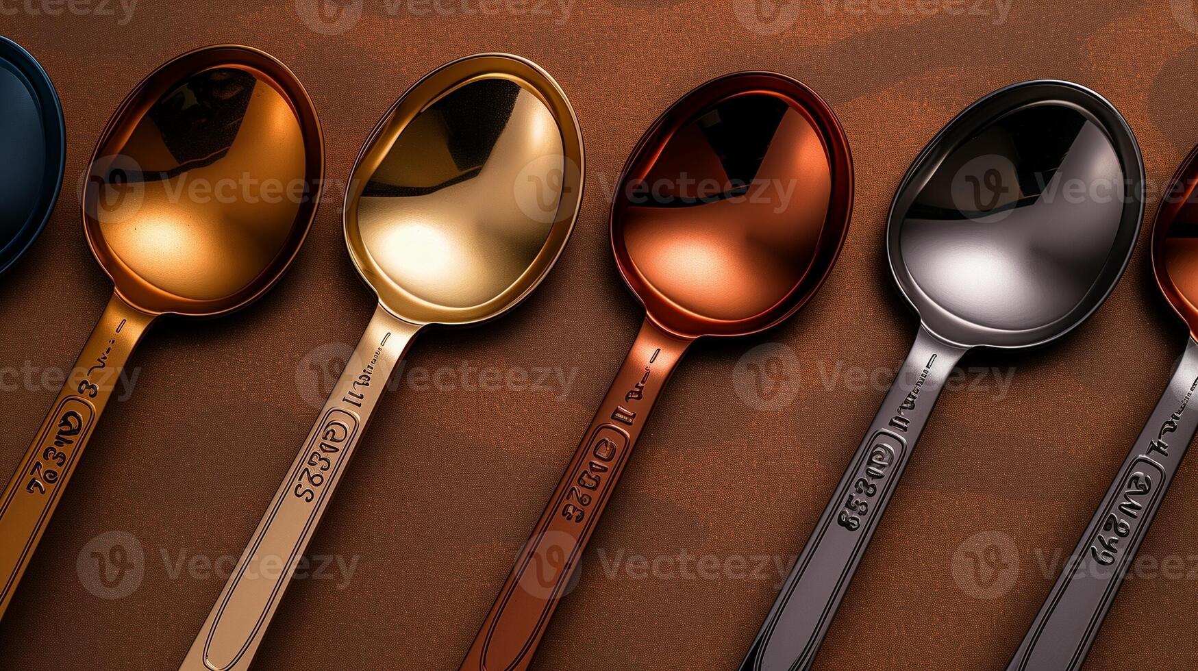 Luxurious metallic spoons in various hues laid out on a rich brown textured surface photo