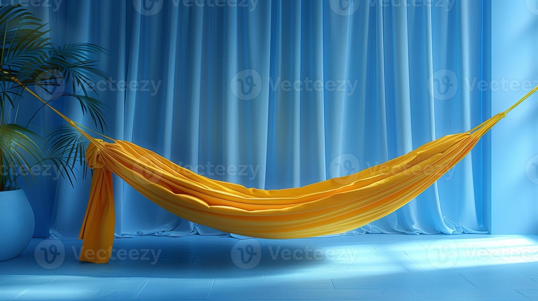 Serene Yellow Hammock Suspended in a Blue-Toned Room with Sunlight Streaming Through photo