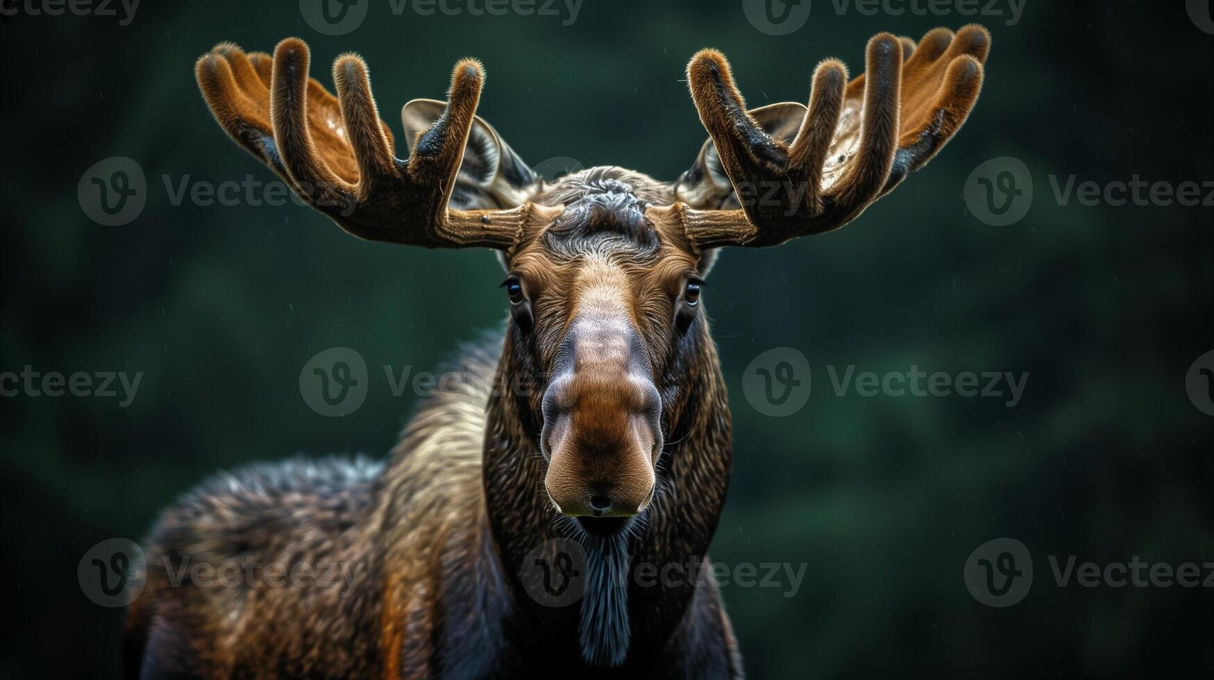 Majestic moose with impressive antlers standing in a dark forest setting photo