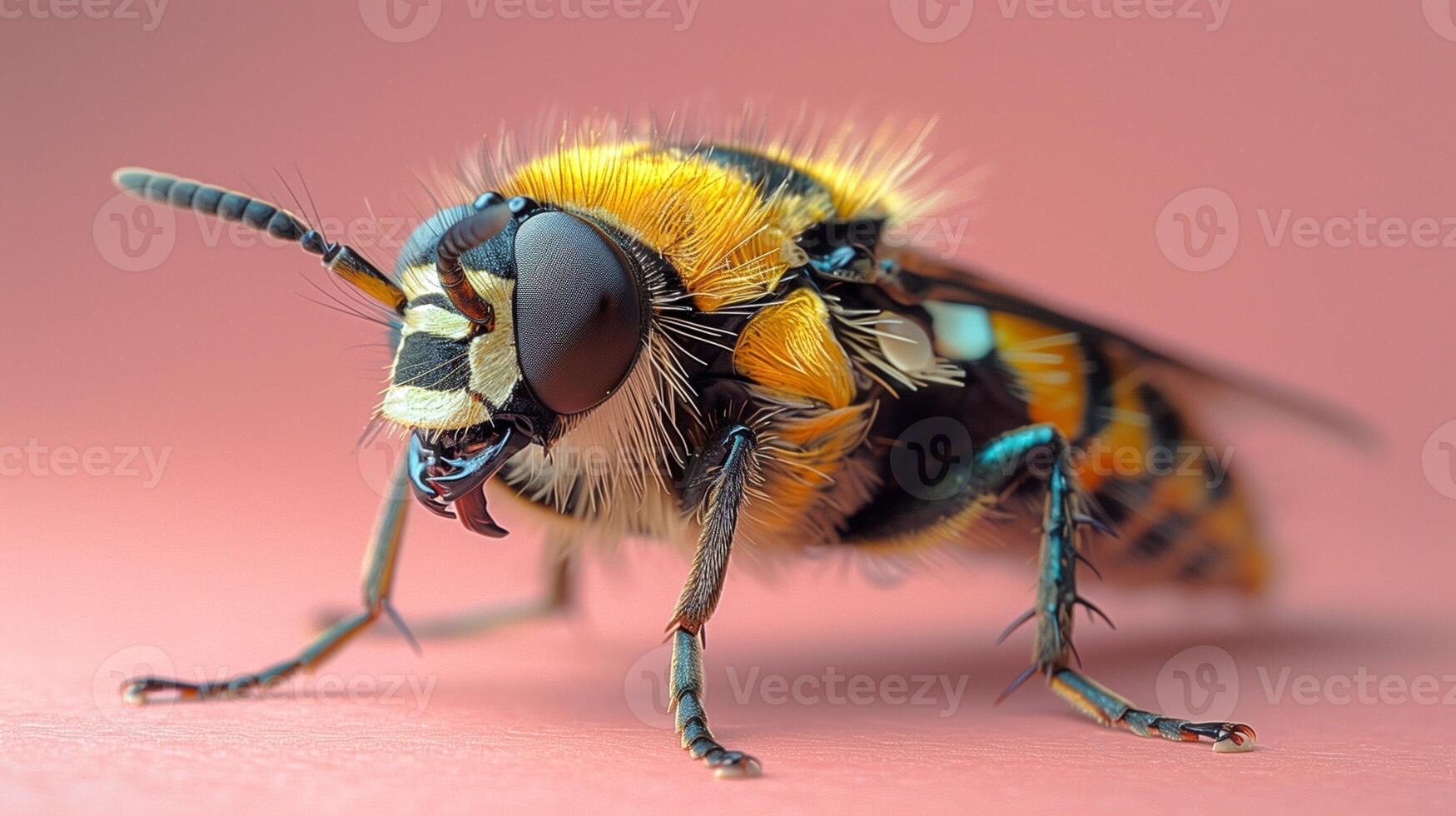 Closeup of a Vibrant Yellow and Black Insect with Detailed Eyes and Fuzzy Texture on a Soft Pink Background photo