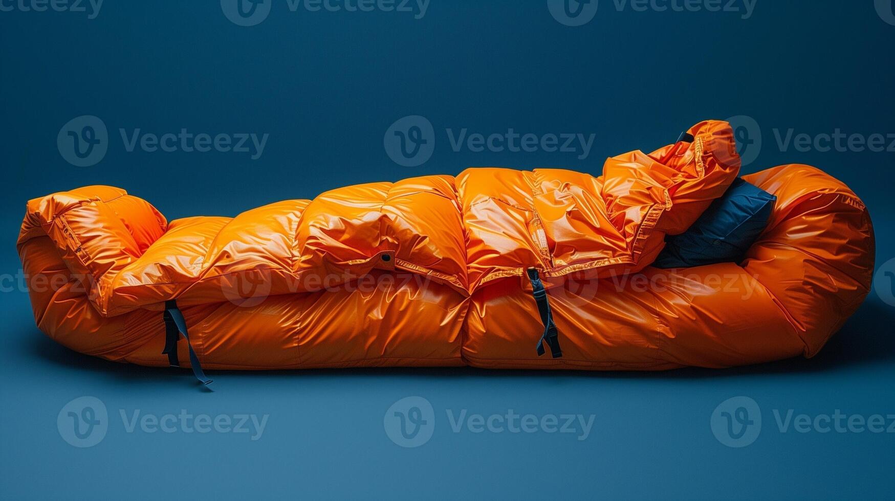 Vibrant orange sleeping bag with a blue pillow and straps set against a deep blue background photo