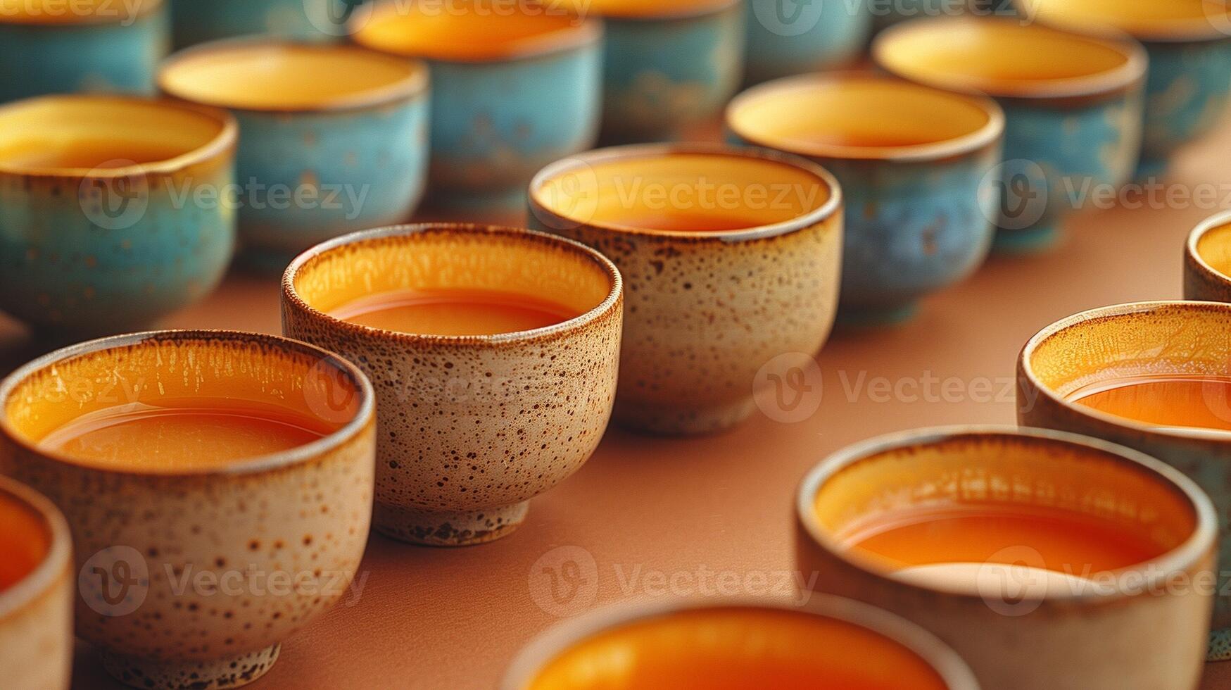 Ceramic cups filled with tea arranged neatly on a table showcasing their unique speckled designs and warm tones photo