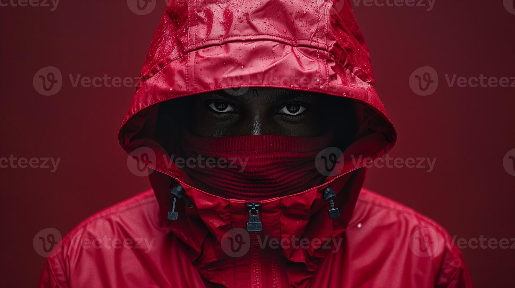 Intense Gaze of a Person in a Red Raincoat with Hood and Face Cover Against a Dark Background photo