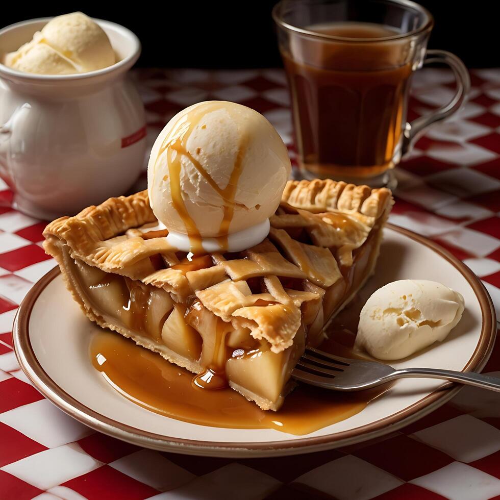 A slice of pie with ice cream and caramel sauce photo