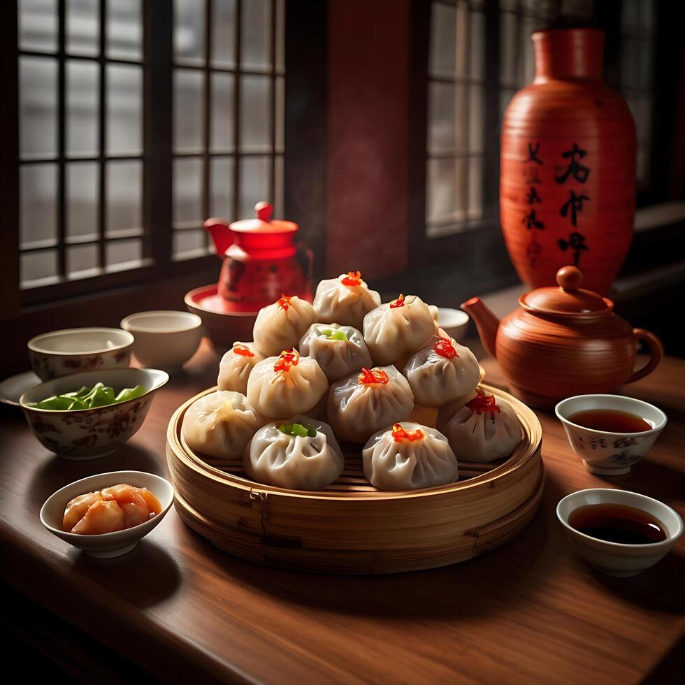 A table with a bowl of dumplings and bowls of soup photo
