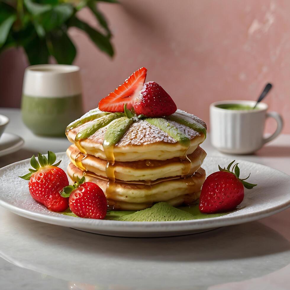 A stack of pancakes with strawberries and a cup of coffee photo