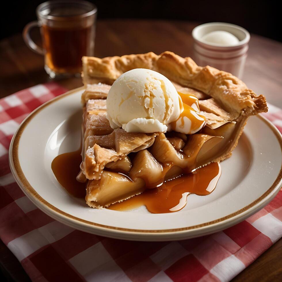 A slice of pie on a plate with ice cream and caramel sauce photo