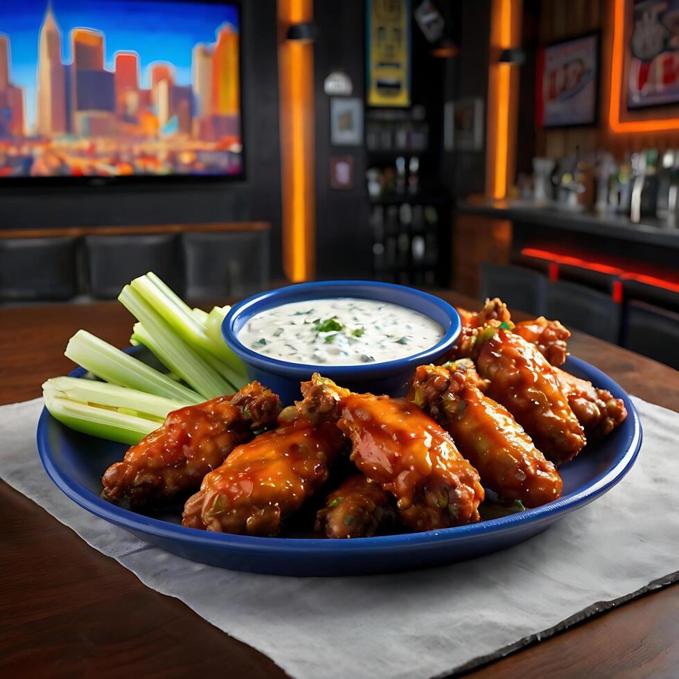 Buffalo wings and celery with dip on a blue plate photo