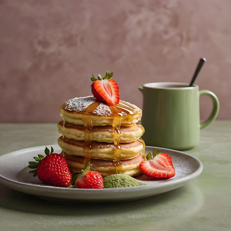 A stack of pancakes with strawberries and syrup on top photo