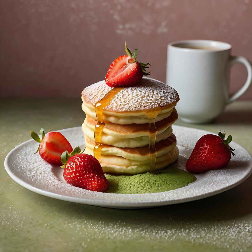 A stack of pancakes with a strawberry on top photo