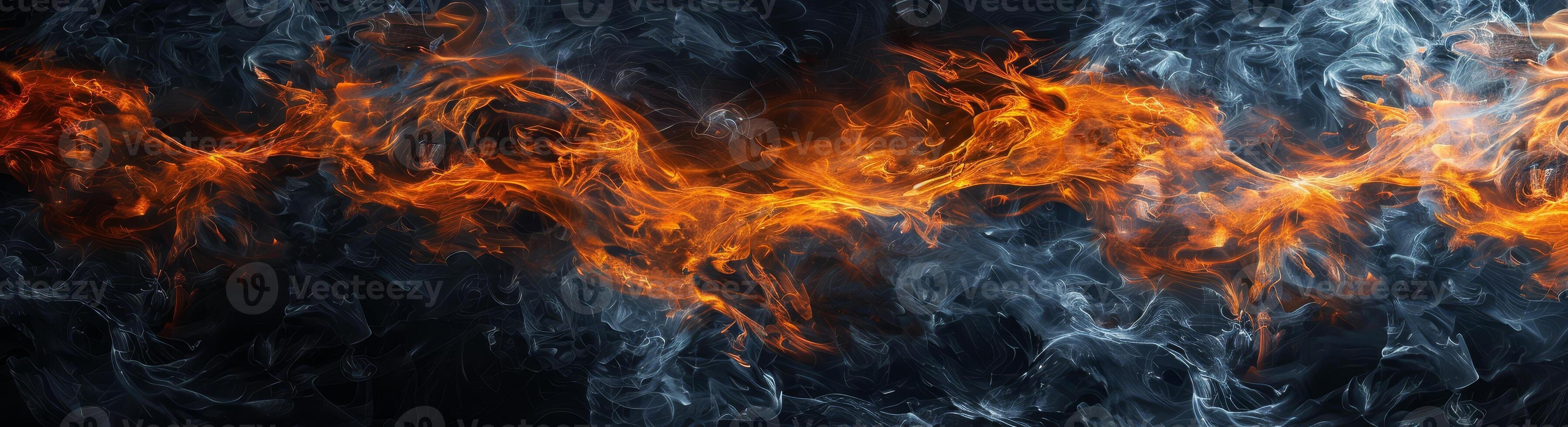 Dynamic flames swirl elegantly against a black canvas, showcasing an array of fiery hues and wispy smoke that captivates the viewer's attention photo