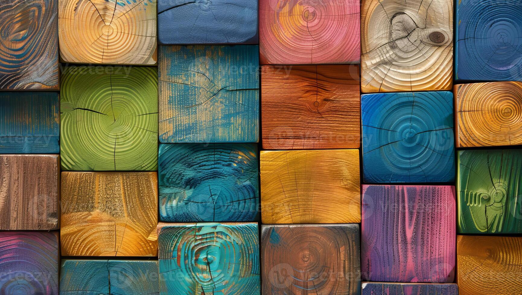 Vividly colored wooden blocks are neatly organized in a grid, showcasing unique wood grain patterns and inviting imaginative construction and play photo