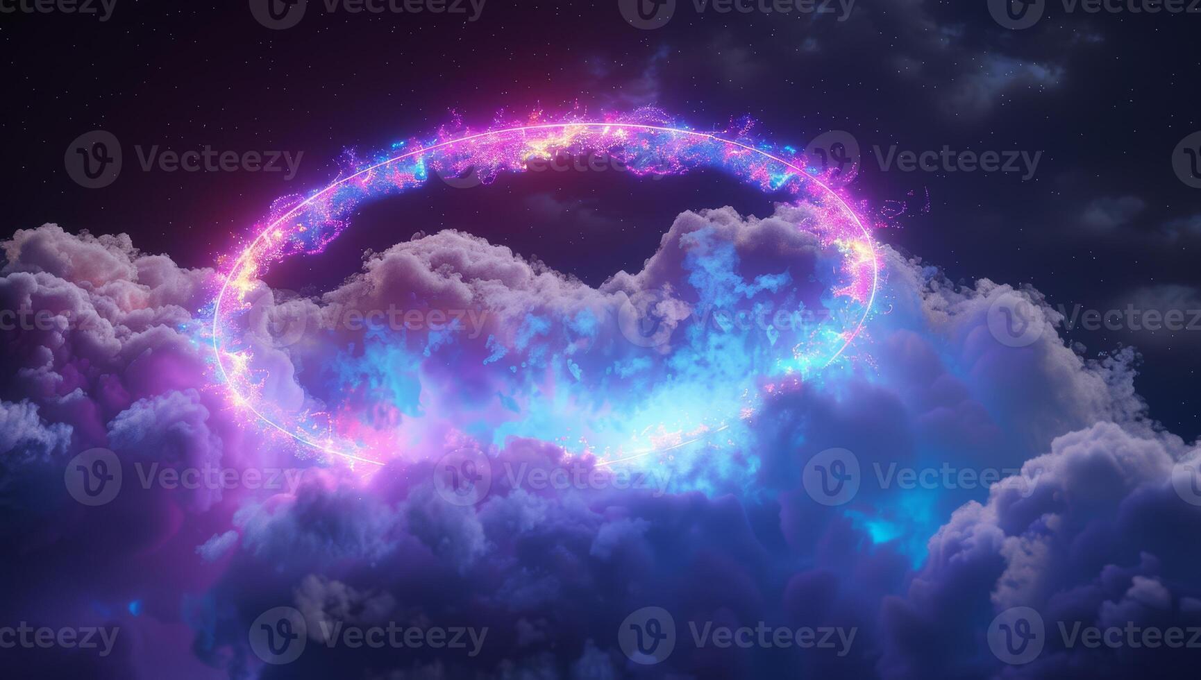 Neon light illuminates the abstract clouds, creating a mesmerizing aura in the dark cosmic sky, inspiring wonder and imagination photo
