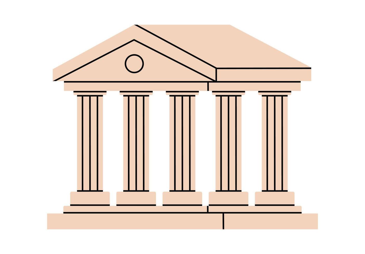 Hand drawn cute cartoon illustration of courthouse. Flat court building doodle. Facade with column icon or print. Justice and law concept. Bank service. Government legislation. Isolated. vector