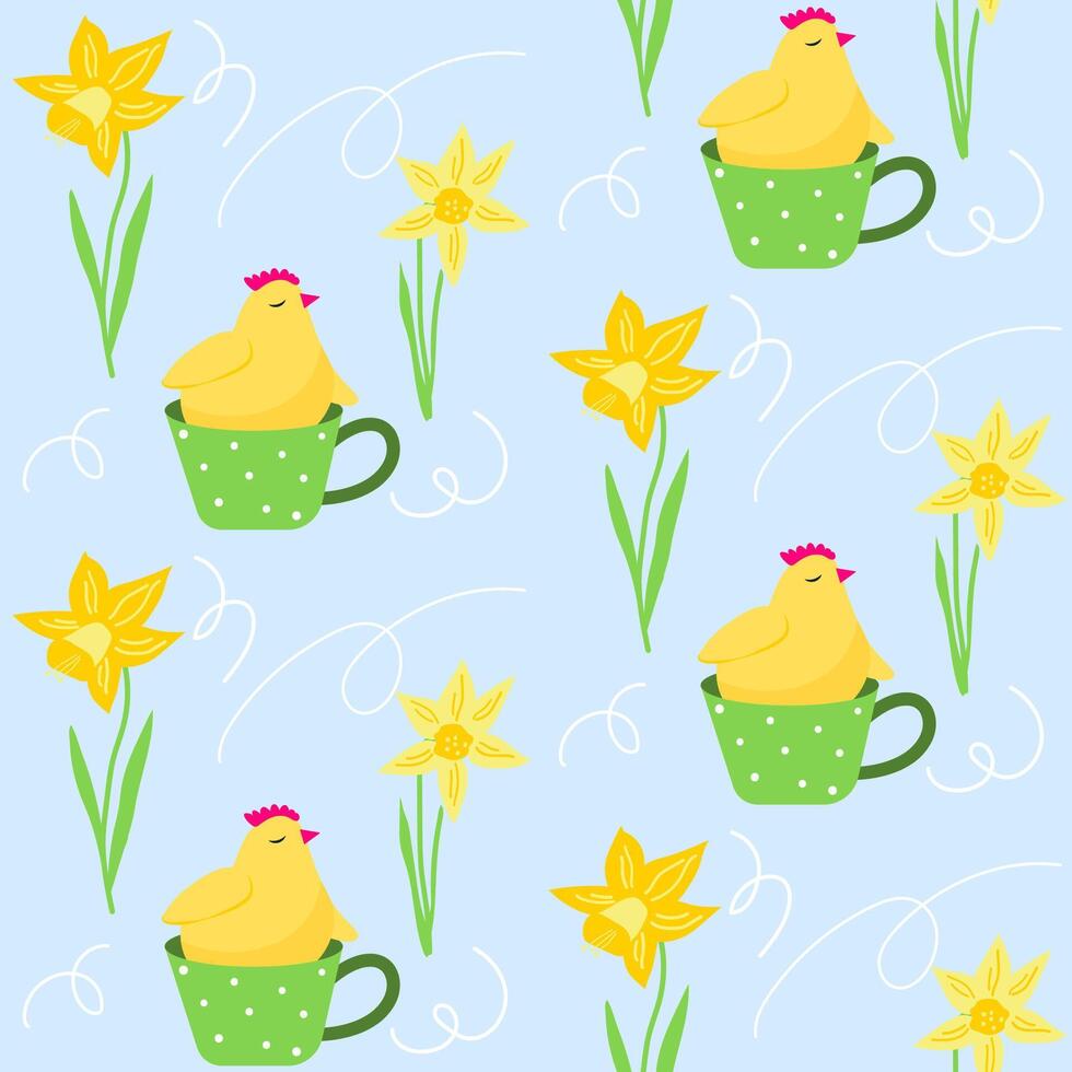 Seamless pastel spring floral pattern with yellow sitting in a cup chicken bird. Background with daffodil flowers, leaves. vector