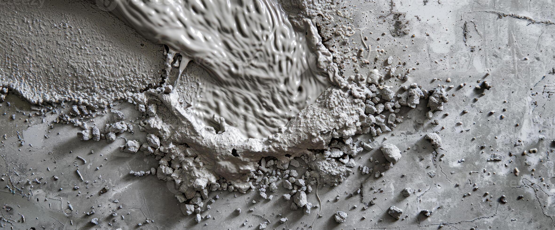 Cement flows smoothly over a rough surface, capturing the essence of construction work in full swing, showcasing craftsmanship and dedication photo