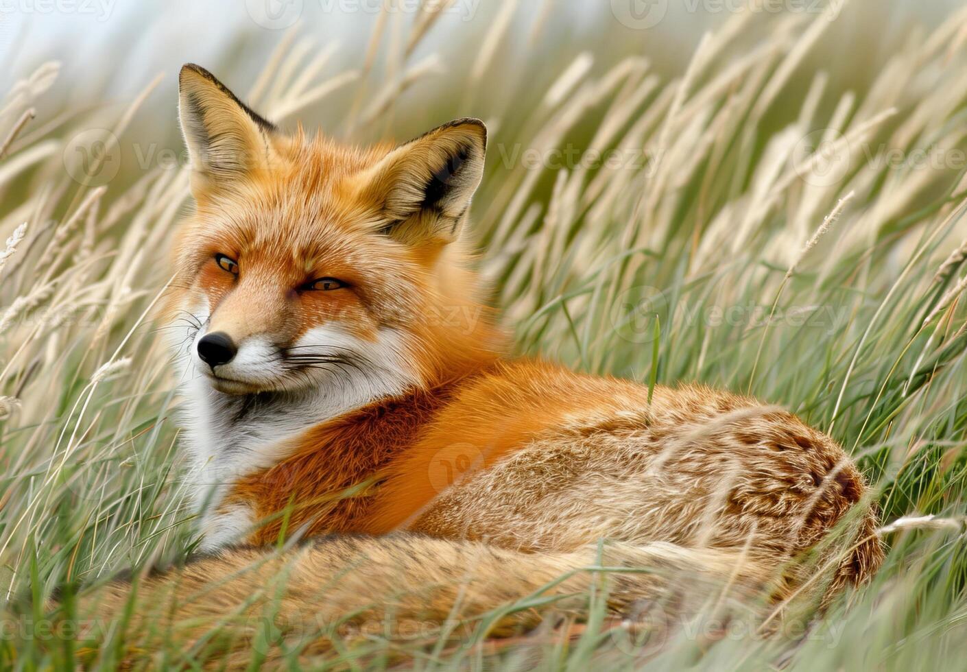 In a serene winter grassland, a red fox reclines among tall grasses, its captivating fur glistening in the cool light as it gazes attentively at its surroundings photo