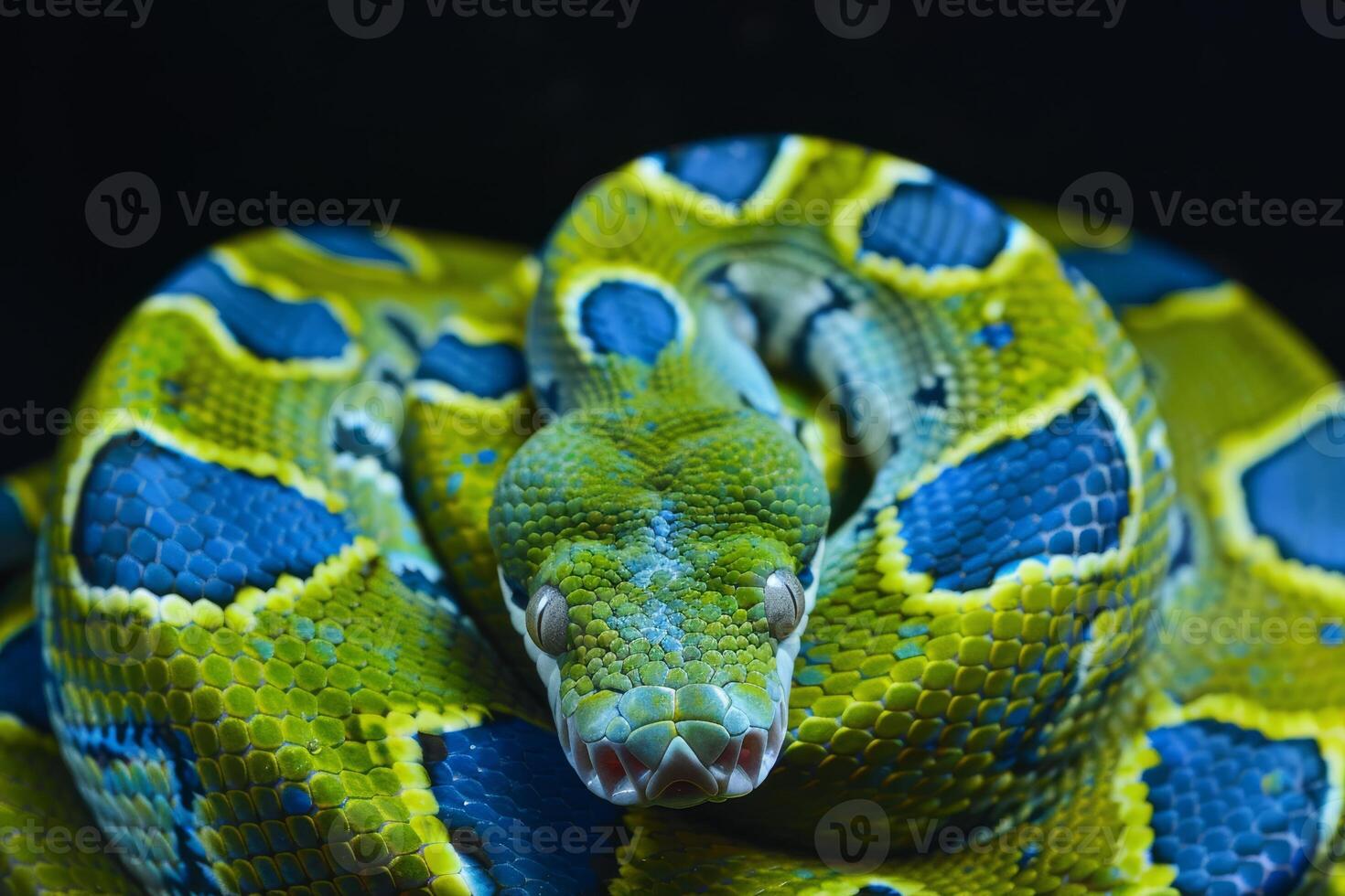 This striking snake features bright green and blue scales with unique patterns, resting against a deep black background, highlighting its colorful texture and details photo