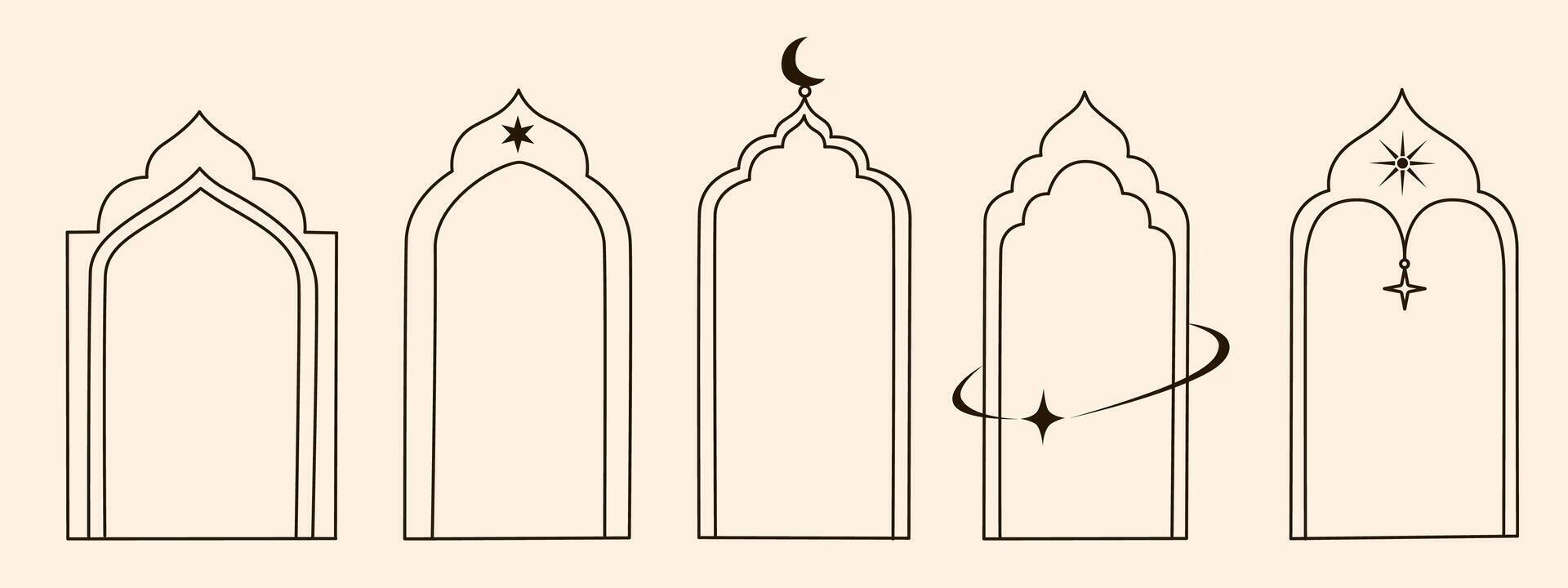 Traditional islamic arches shapes. Set of line eid mubarak decorative arches, mosque borders or moroccan gates. Arabic muslim architecture design elements, ramadan frames in oriental style vector
