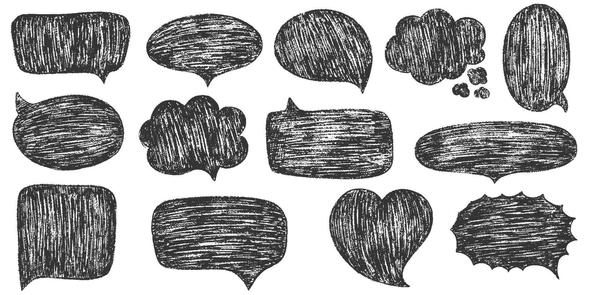 Speech bubbles with crayon or chalk texture. Charcoal doodle speech bubbles, comic talk balloon. Hand drawn kid's style pencil dialog balloon, various text clouds. Hand drawn illustrations vector