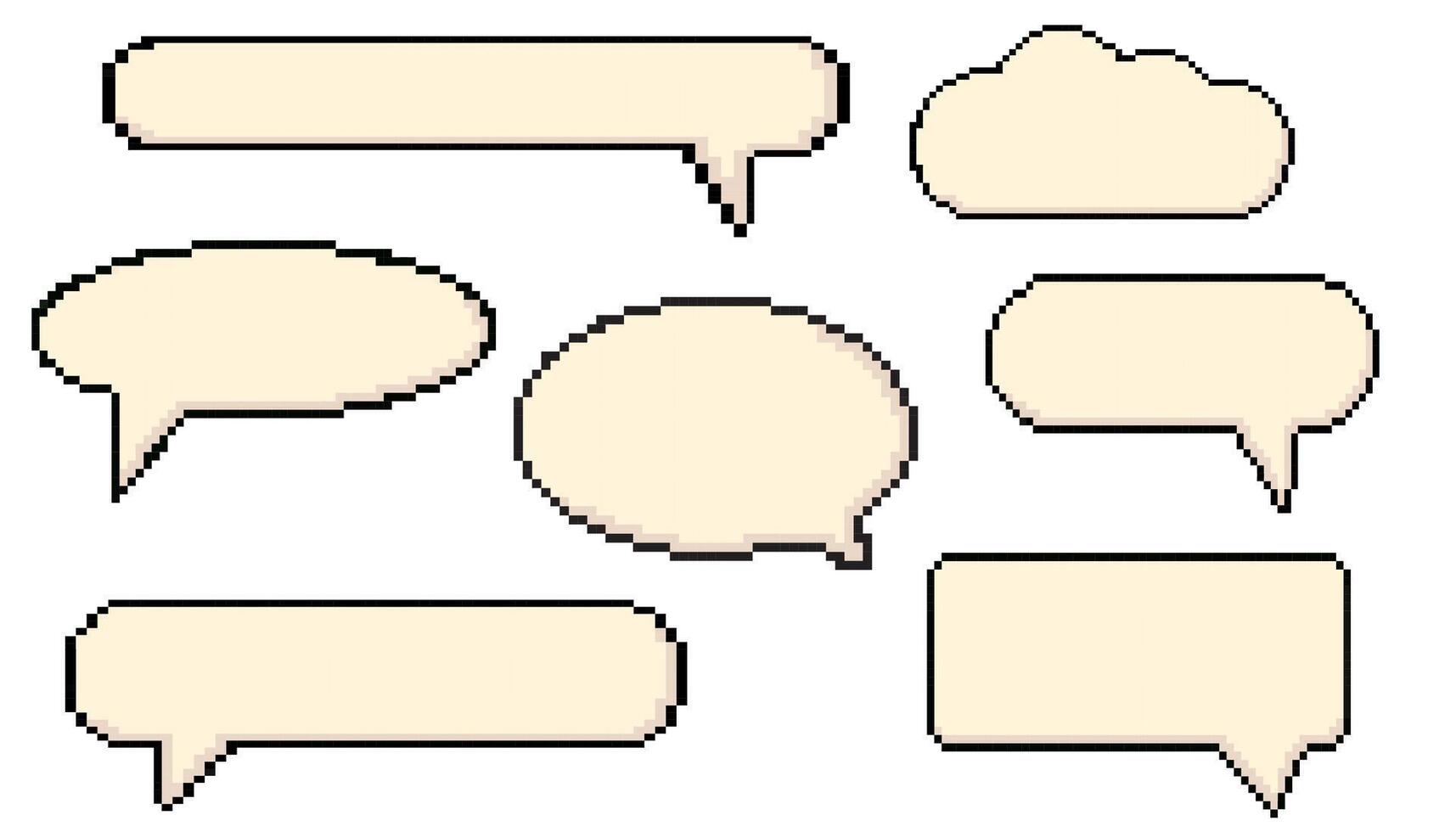 Pixel speech bubbles. Chat speech or dialogue. Set of white different shape empty pixelated speech bubbles. Stickers, icons, empty dialogue cloud templates. illustration 8-bit retro style vector