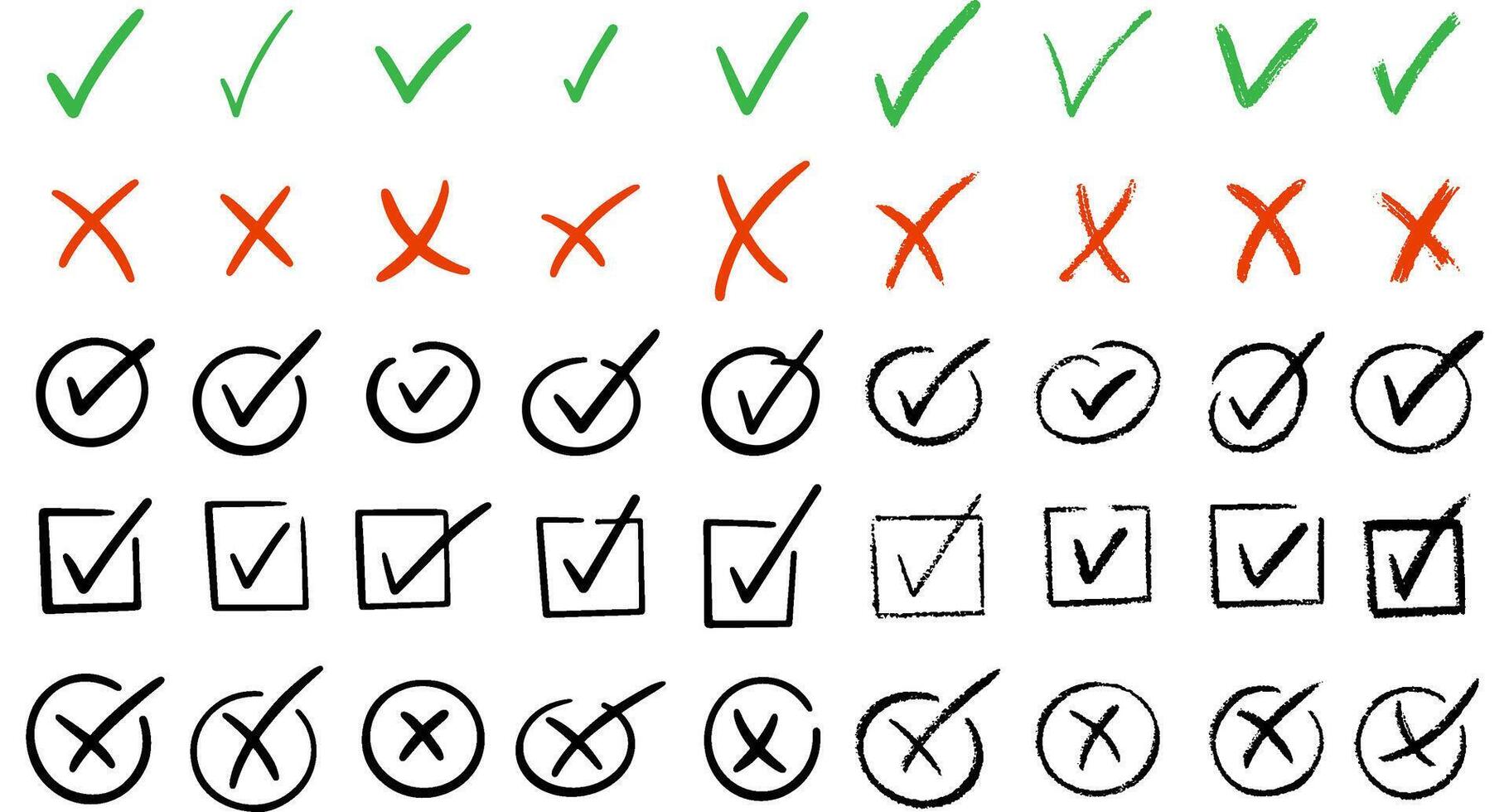 Check marks doodle set. Vote, yes, no, checkbox, checklist, tick and cross signs, v and x drawn concept. Hand drawn doodle sketch style illustrations vector