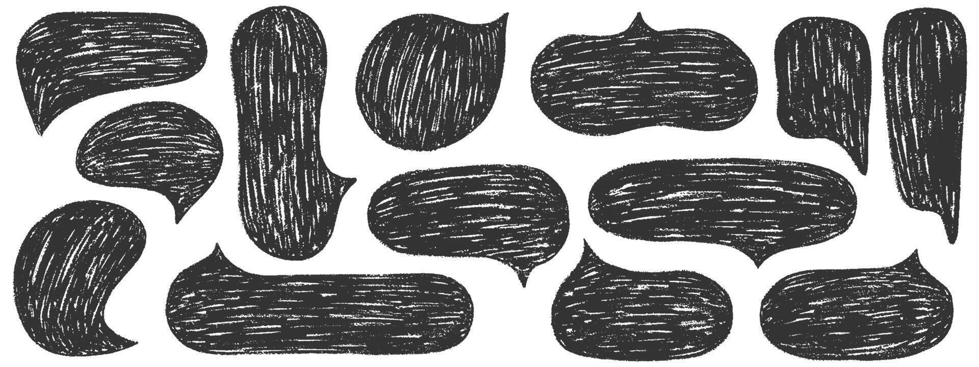 Speech bubbles with crayon or chalk texture. Charcoal doodle speech bubble, comic talk balloon. Hand drawn kid's style pencil dialog balloon, various text clouds. Hand drawn illustrations vector