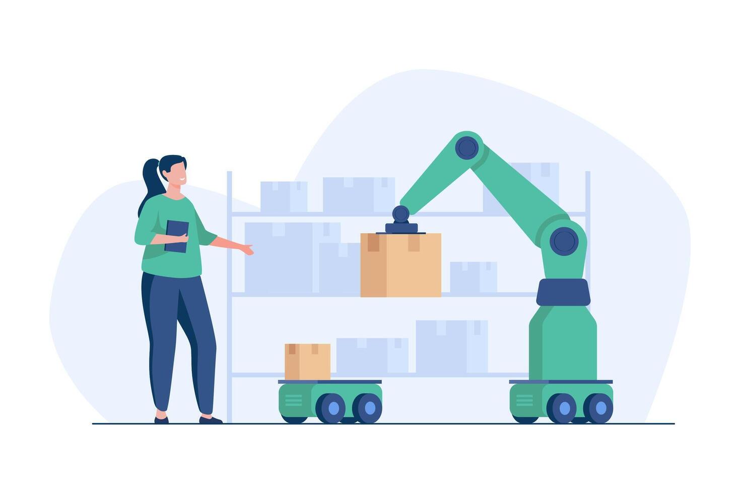 AI-Powered Robotic Arm, Robotic Arms in Modern Warehouse vector