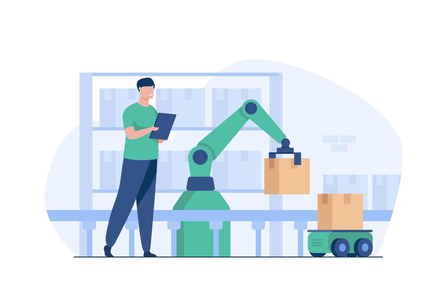 Automated Package Sorting in Warehouse vector