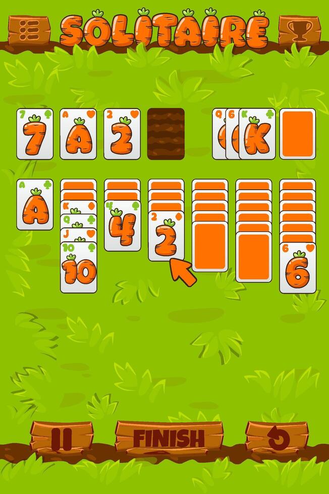 Solitaire Game UI. Cartoon Poker playing cards in carrot texture on Board Game top view- grass. Wooden push buttons. Assets for 2D Game development vector
